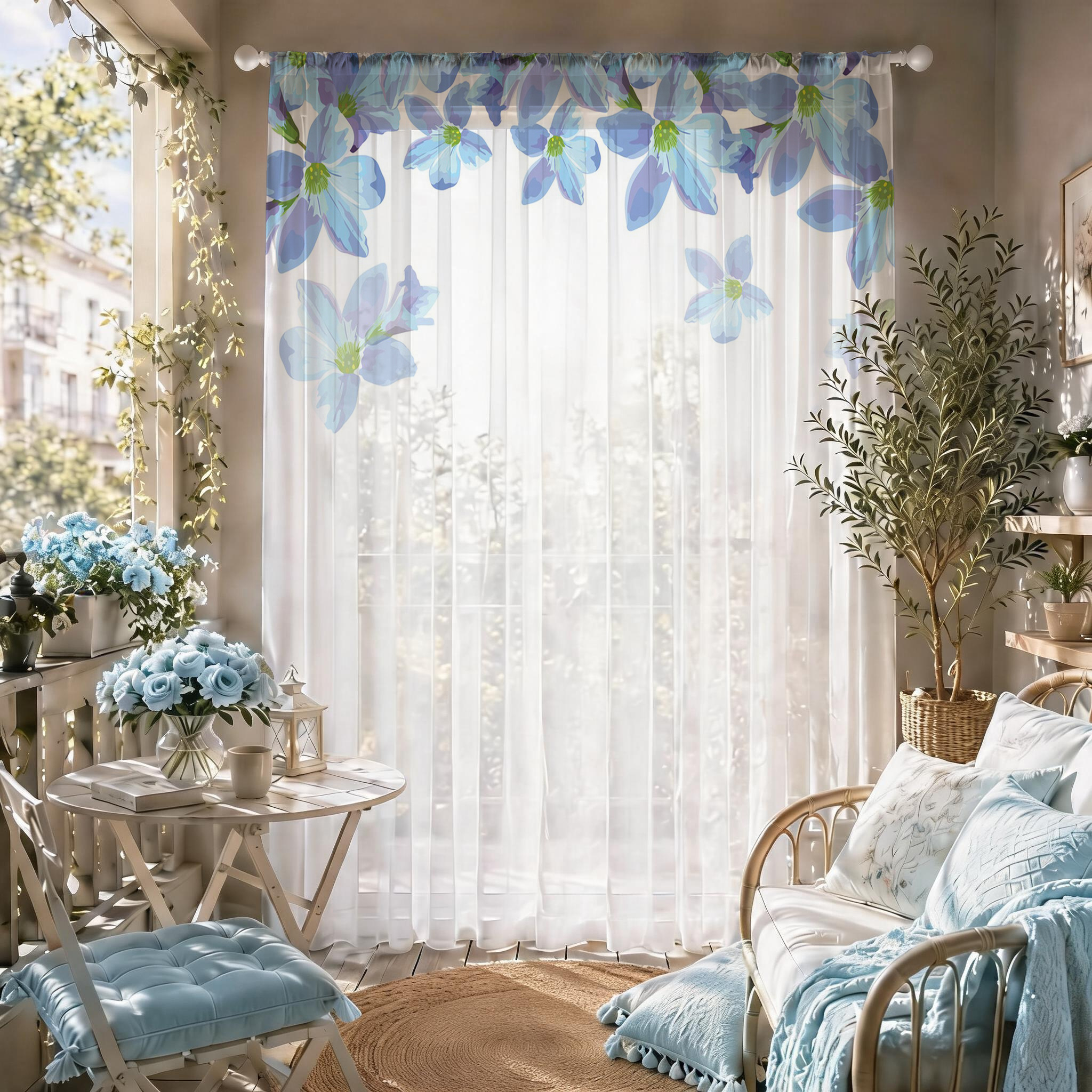 Good Floral & Wedding Decor Supply Photos - 블루 플로럴 그라데이션 시어 커튼, 고품질
