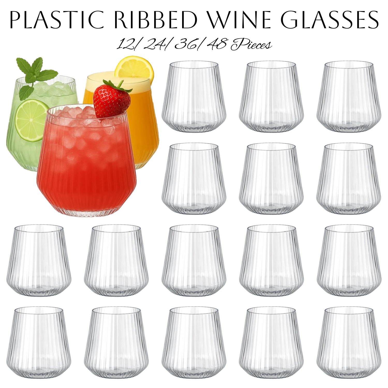 Champagne Tower Set - 12-48Pcs 14oz 플라스틱 늑골이있는 와인 잔