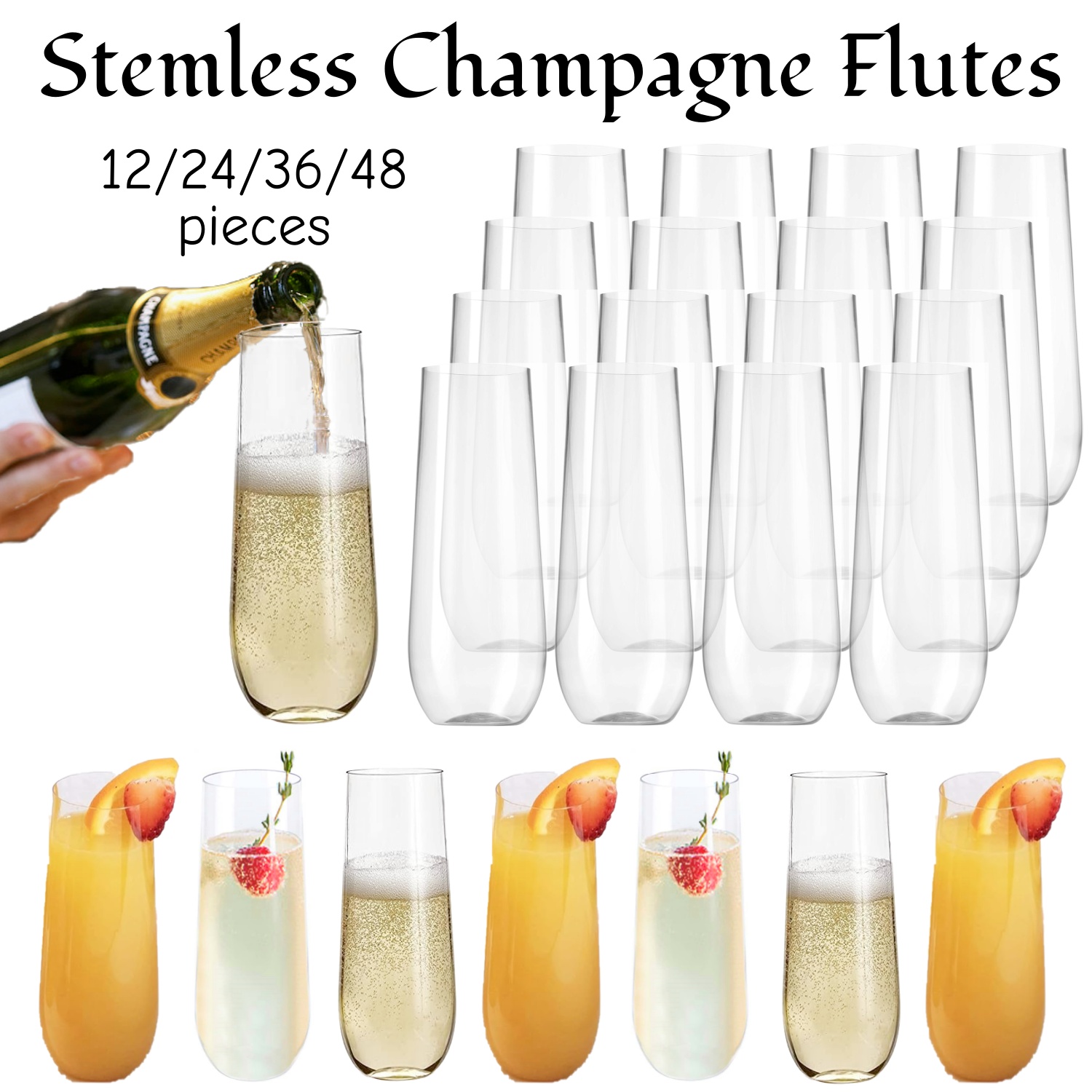 Champagne Tower Set - 12-48Pcs 플라스틱 샴페인 플루트 9Oz Stemless